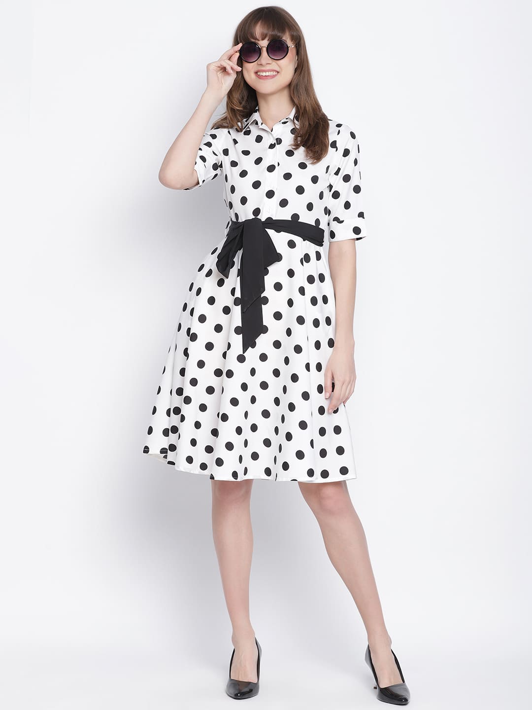 Knee Length,White Dress,Knee Length Dress,Collared Neck Dress,Short Sleeves Dress,White Polka Dot Dress