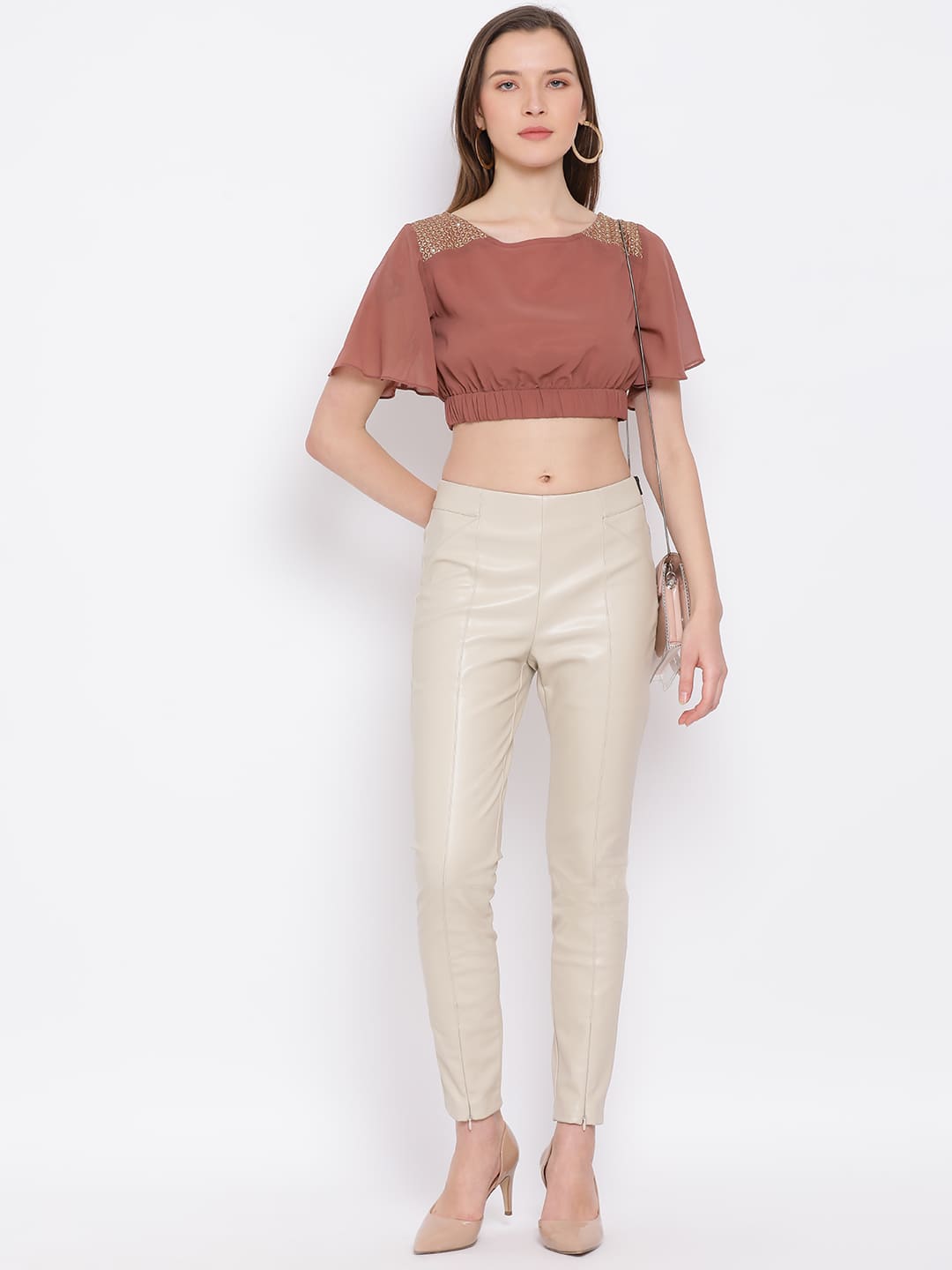 Crop Top,Brown Top,Crop Top,Round Neck Top,Short Sleeves Top,Brown Solid Top