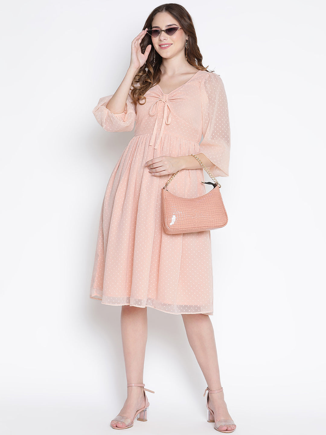 Knee Length,Peach Dress,Knee Length Dress,Collared Neck Dress,Quater Sleeves Dress,Peach Solid Dress