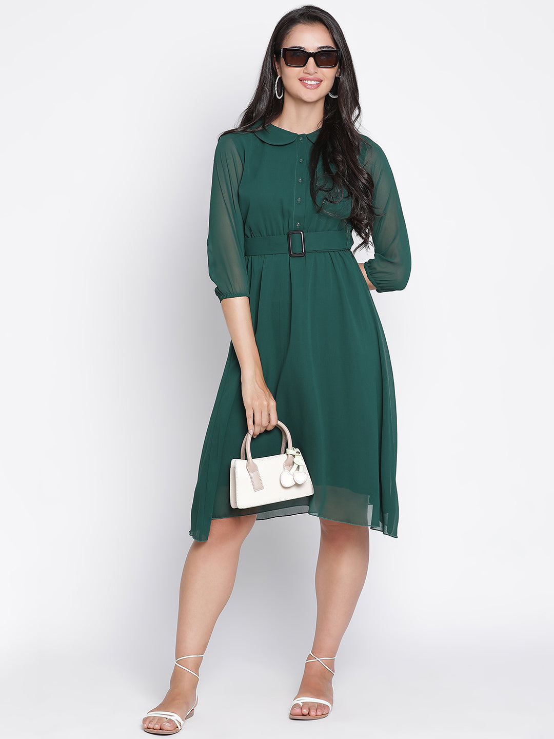 Knee Length,Green Dress,Knee Length Dress,Collared Neck Dress,Quater Sleeves Dress,Green Solid Dress