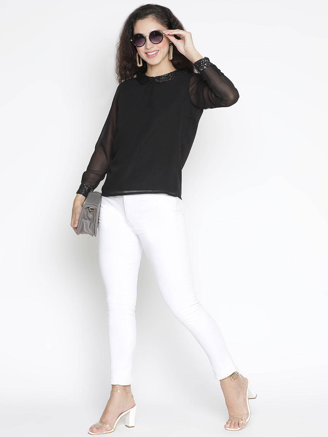 Regular,Black Top,Regular Top,Collared Neck Top,Full Sleeves Top,Black Solid Top