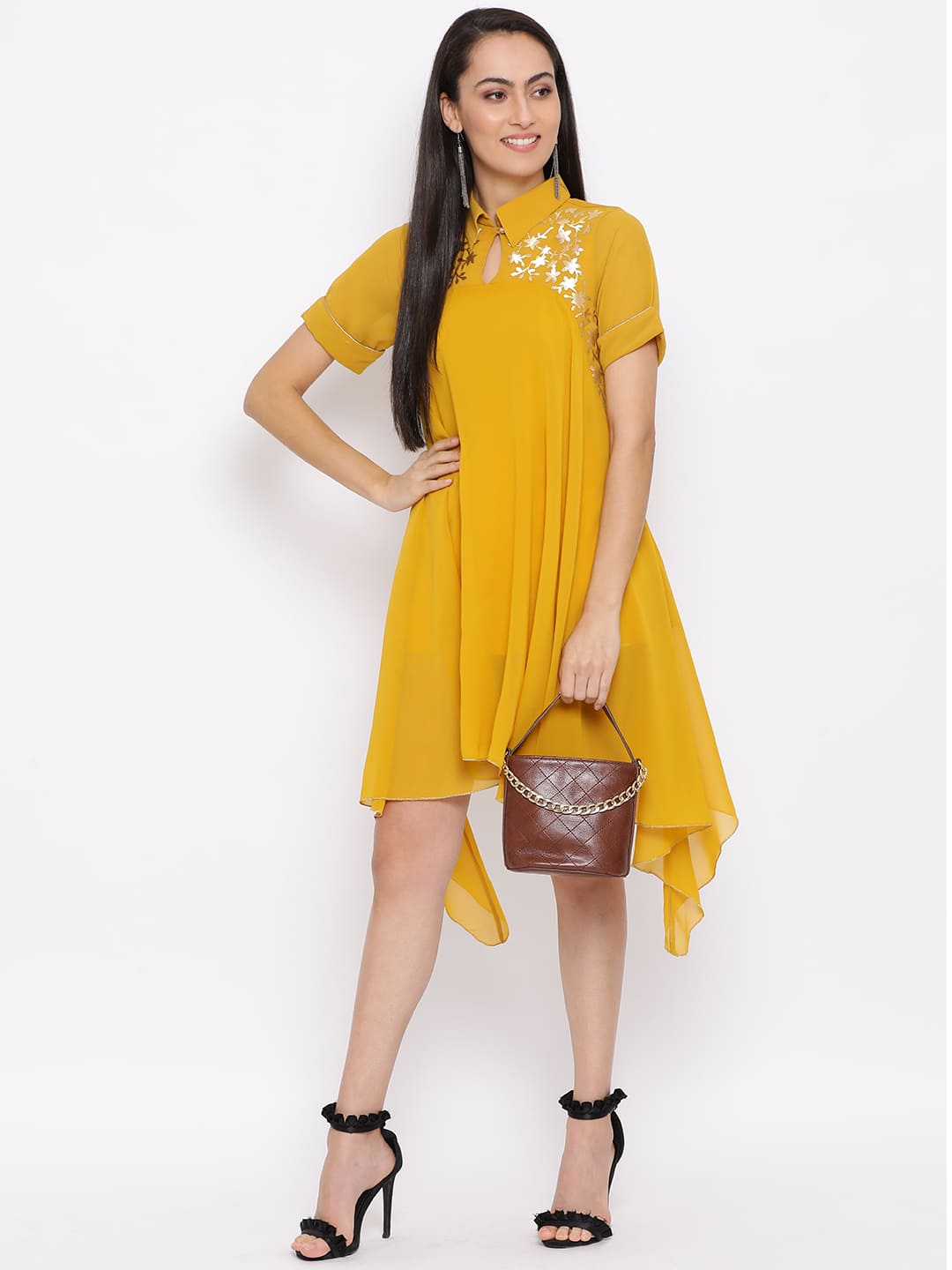 Knee Length,Yellow Dress,Knee Length Dress,Collared Neck Dress,Short Sleeves Dress,Yellow Embellished Dress