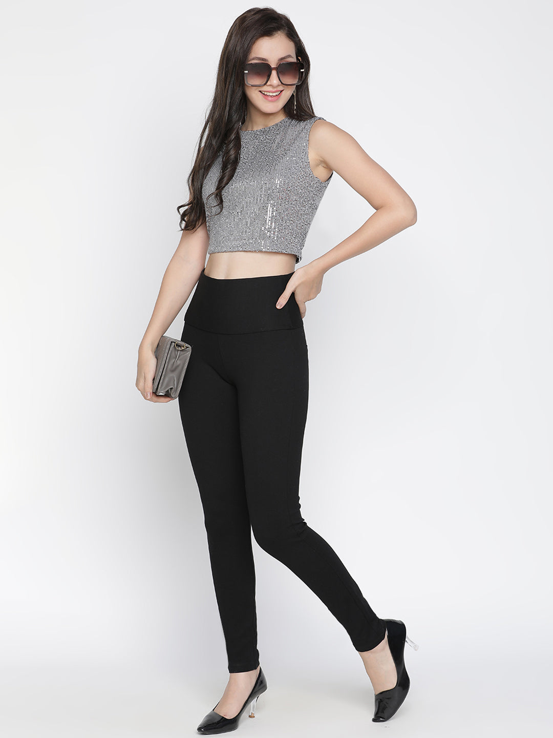 Crop Top,Grey Top,Crop Top,Round Neck Top,Sleeveless Top,Grey Sequined Top