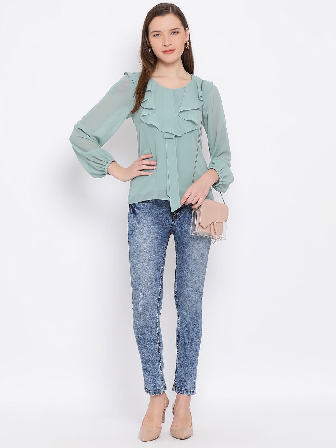 Regular,Green Top,Regular Top,V-Neck Top,Full Sleeves Top,Green Solid Top