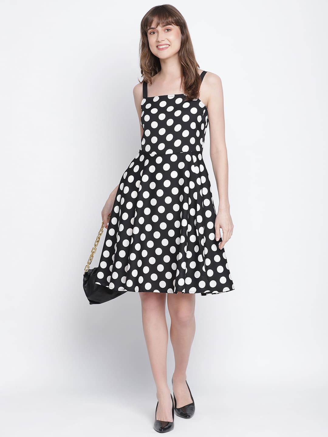 Knee Length,Black Dress,Knee Length Dress,Round Neck Dress,Sleeveless Dress,Black Polka Dot Dress