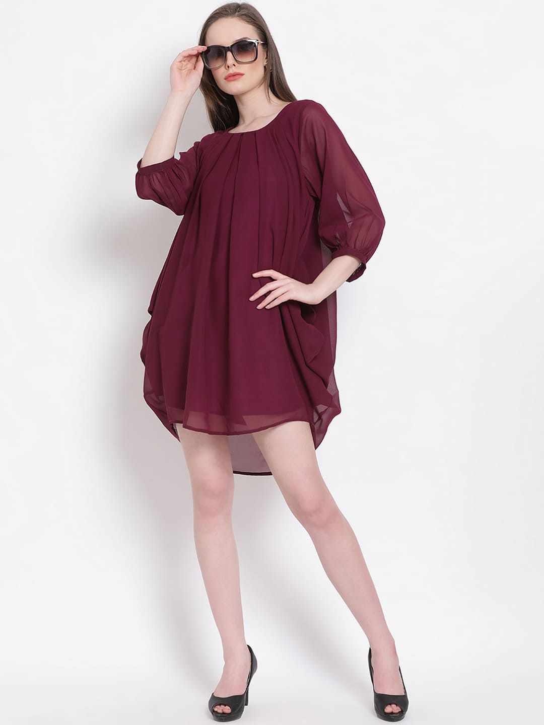 Above Knee,Maroon Dress,Above Knee Dress,Round Neck Dress,Quater Sleeves Dress,Maroon Solid Dress