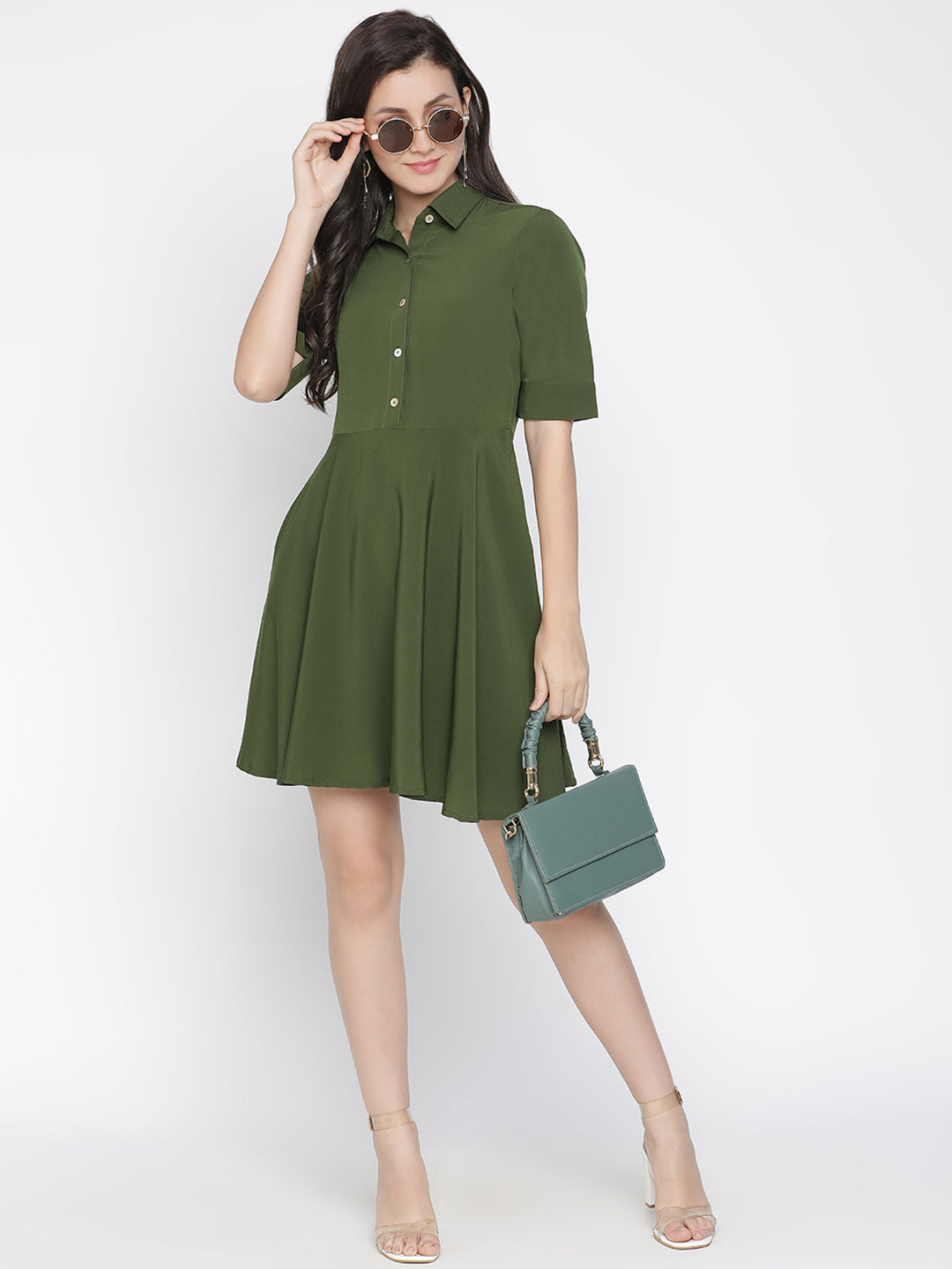 Knee Length,Green Dress,Knee Length Dress,Collared Neck Dress,Short Sleeves Dress,Green Solid Dress