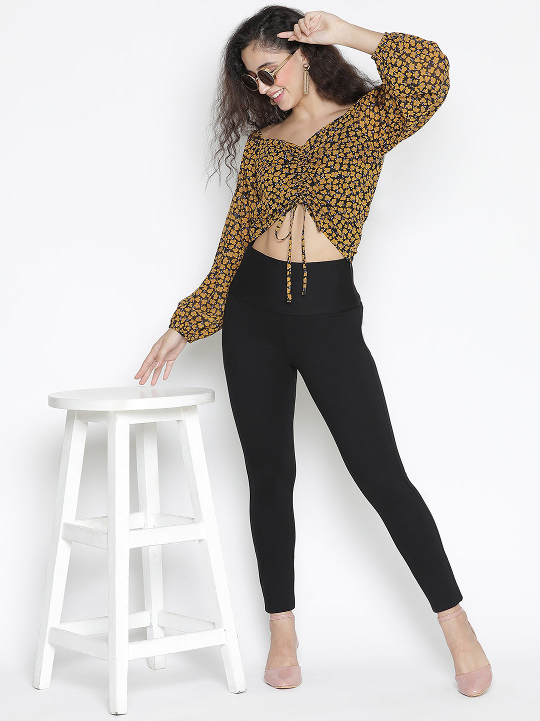 Crop Top,Yellow Top,Crop Top,V-Neck Top,Full Sleeves Top,Yellow Animal Print Top