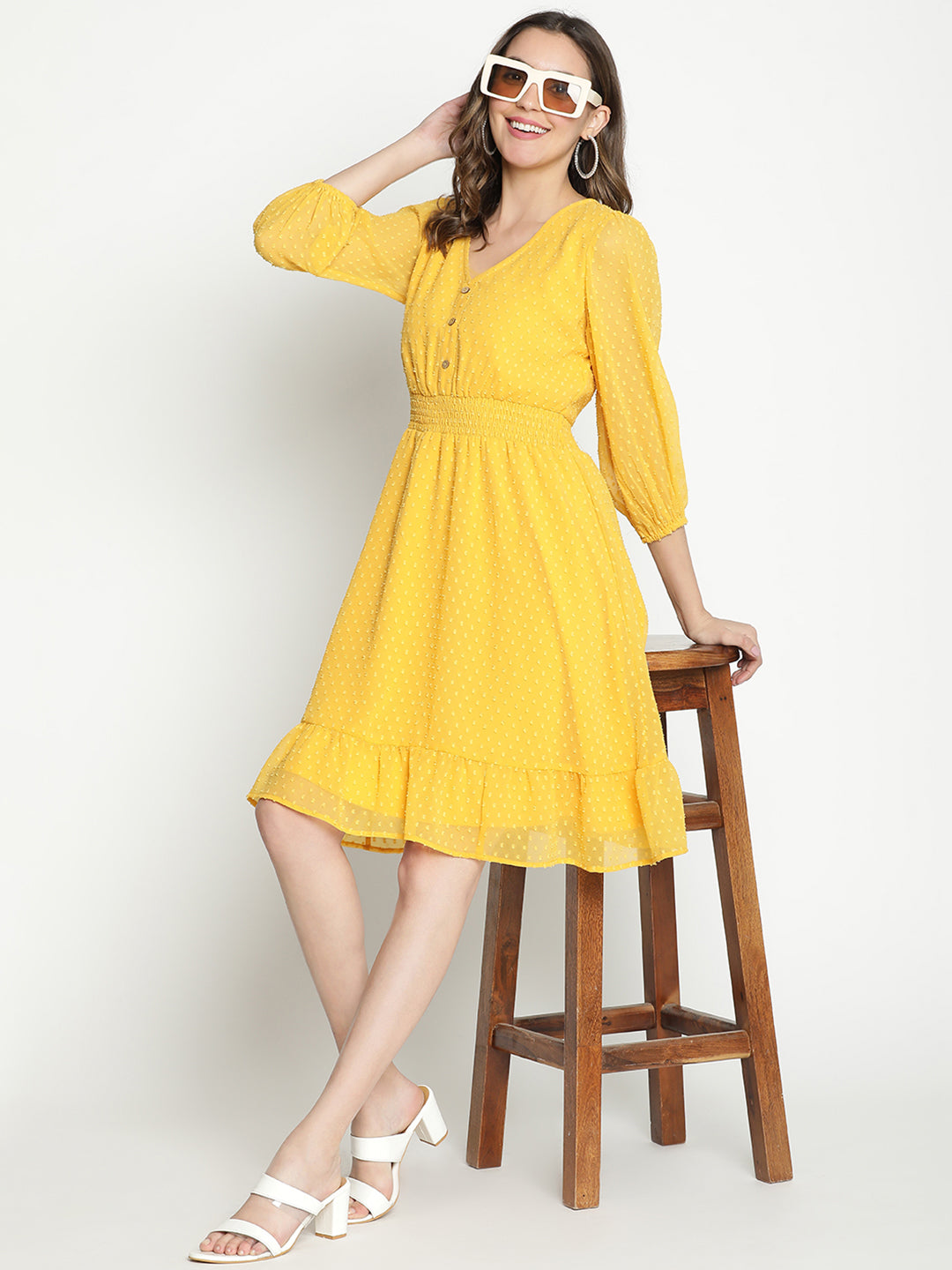 Knee Length,Yellow Dress,Knee Length Dress,V-Neck Dress,Quater Sleeves Dress,Yellow Solid Dress