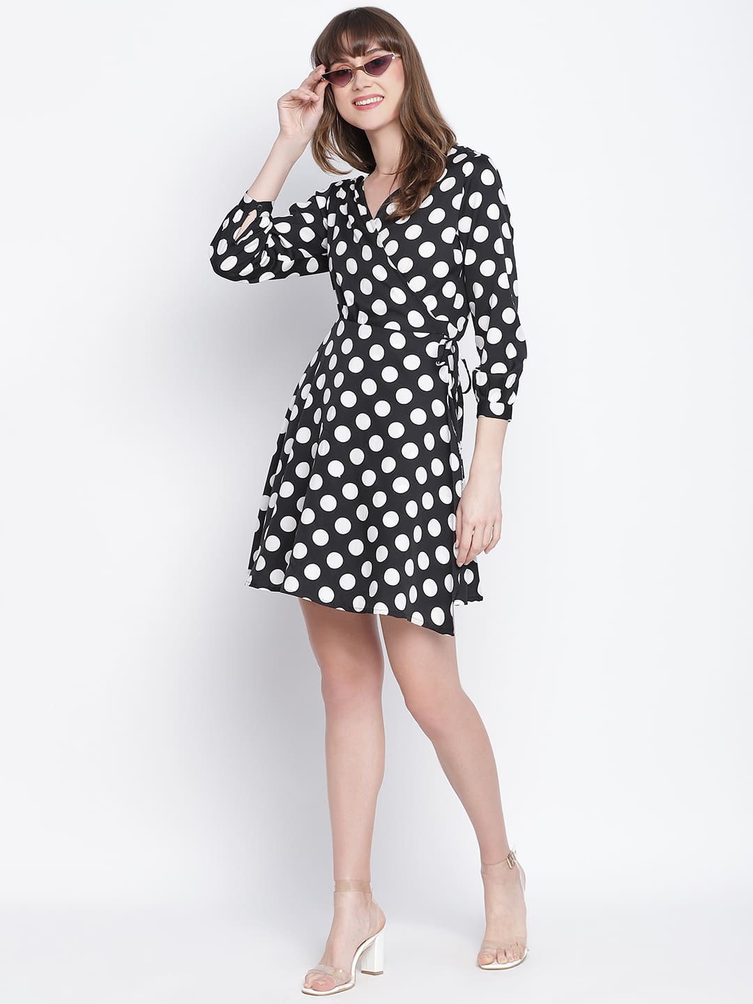 Knee Length,Black Dress,Knee Length Dress,V-Neck Dress,Quater Sleeves Dress,Black Polka Dots Dress