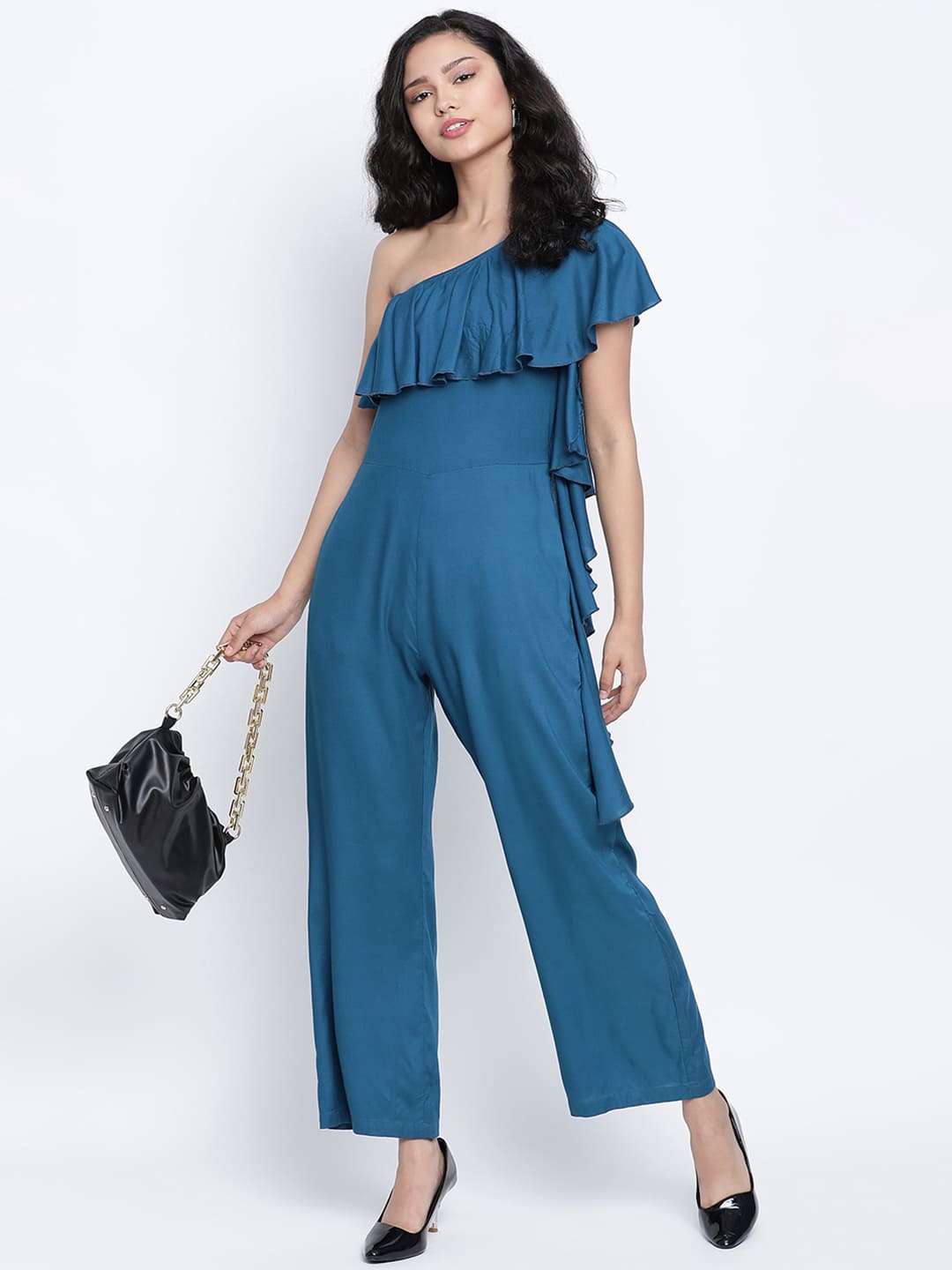 Ankle Length,Blue Jumpsuit,Ankle Length Jumpsuit,Cold Shoulder Jumpsuit,Sleeveless Jumpsuit,Blue Solid Jumpsuit