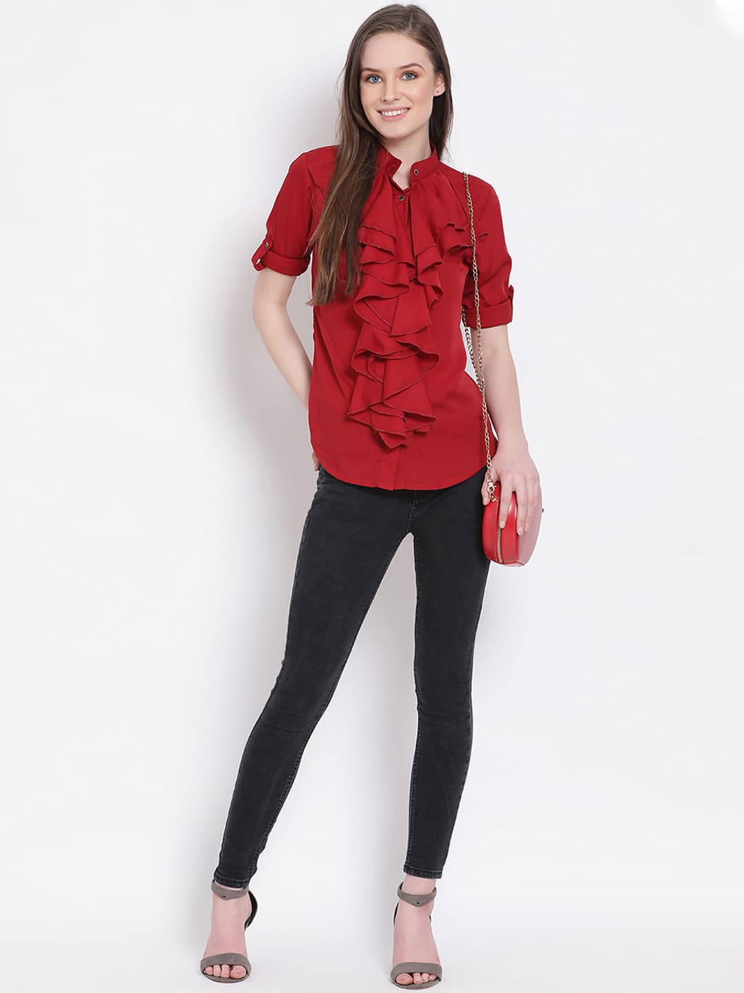 Regular,Red Top,Regular Top,Round Neck Top,Short Sleeves Top,Red Solid Top