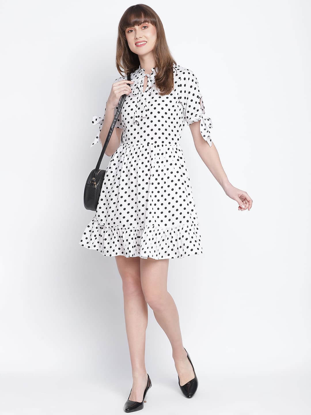 Knee Length,White Dress,Knee Length Dress,Round Neck Dress,Short Sleeves Dress,White Polka Dots Dress