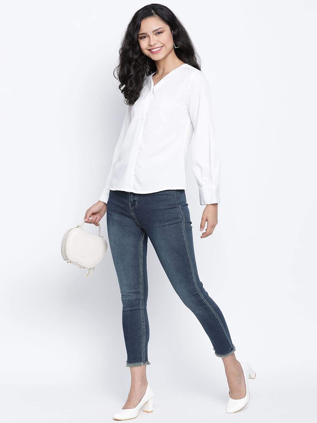 Regular,White Top,Regular Top,V-Neck Top,Full Sleeves Top,White Solid Top