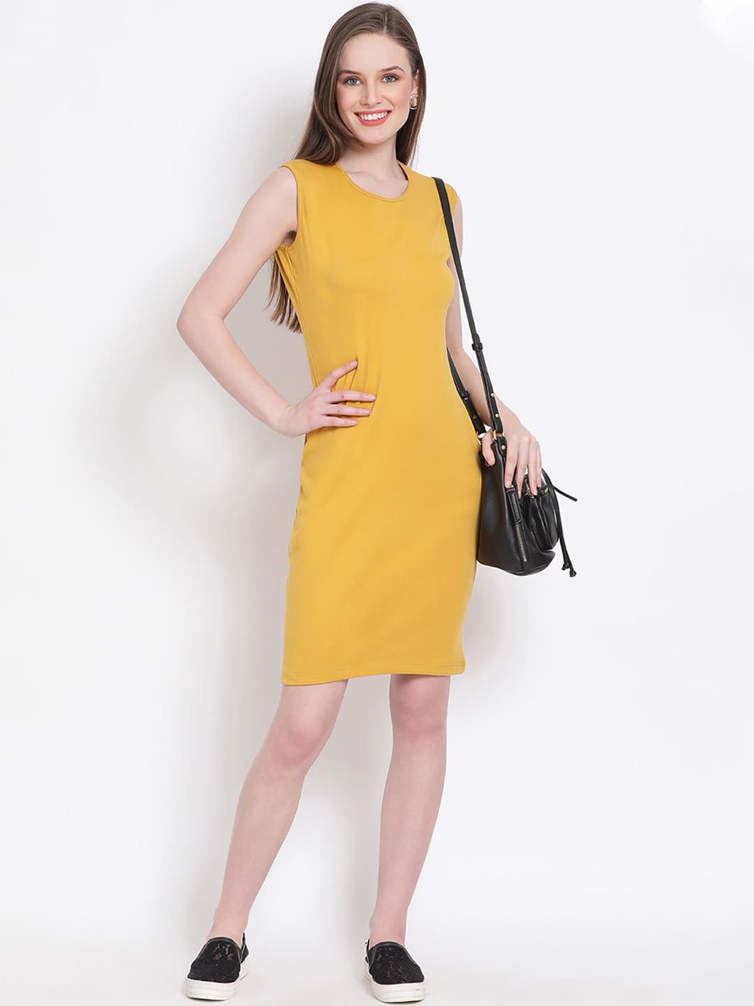 Knee Length,Yellow Dress,Knee Length Dress,Round Neck Dress,Sleeveless Dress,Yellow Solid Dress