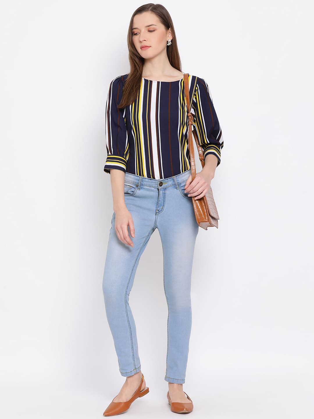 Regular,Blue Top,Regular Top,Round Neck Top,Full Sleeves Top,Blue Stripes Top