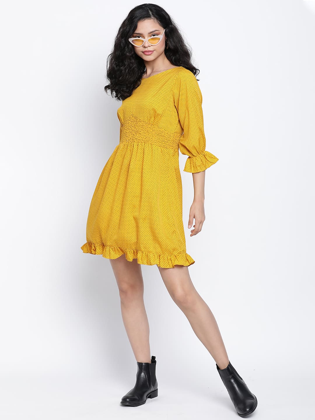 Knee Length,Yellow Dress,Knee Length Dress,Round Neck Dress,Quater Sleeves Dress,Yellow Solid Dress