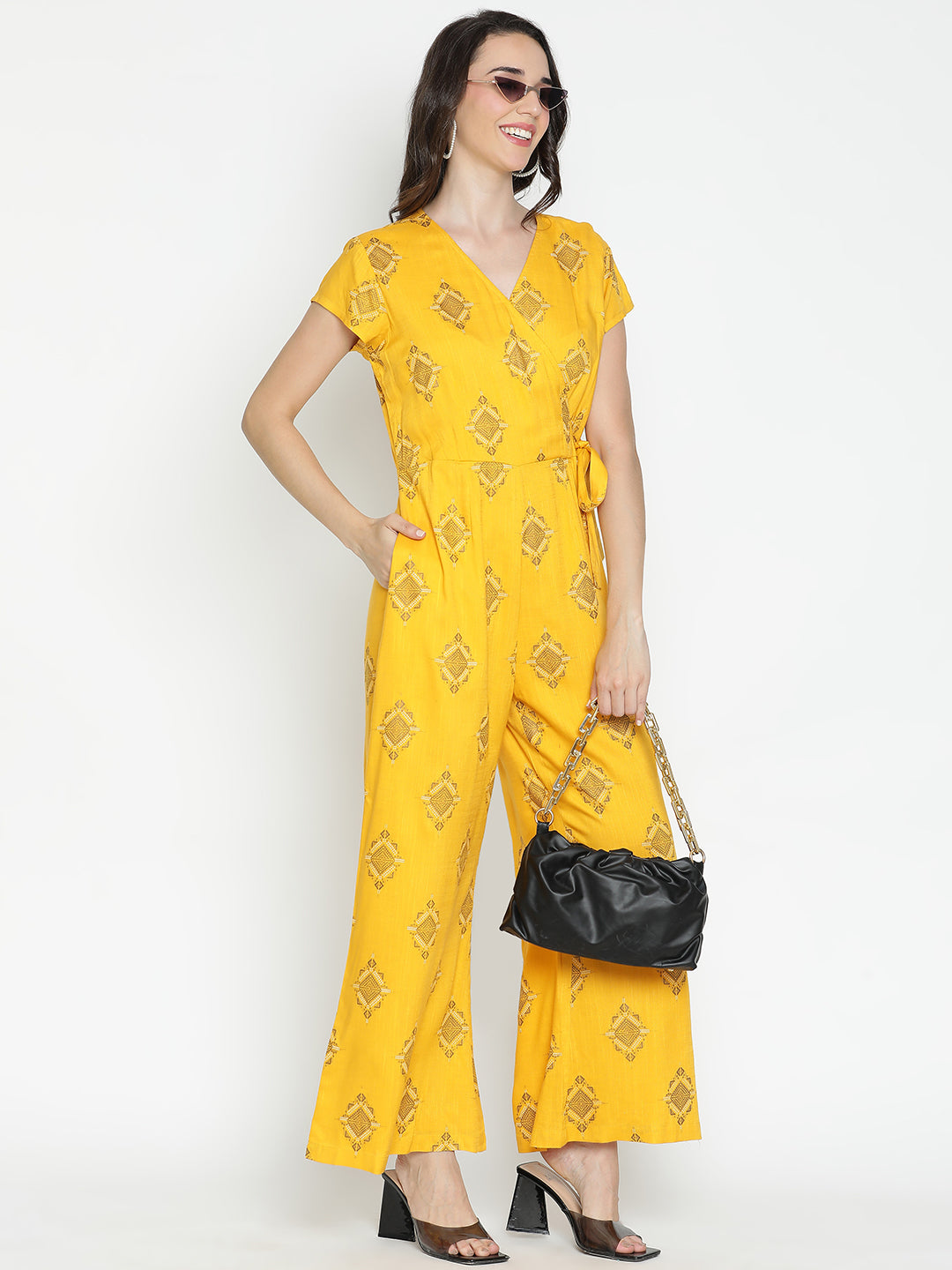 DRAAX FASHIONS Womens Yellow Printed Short Sleeves Jumpsuit