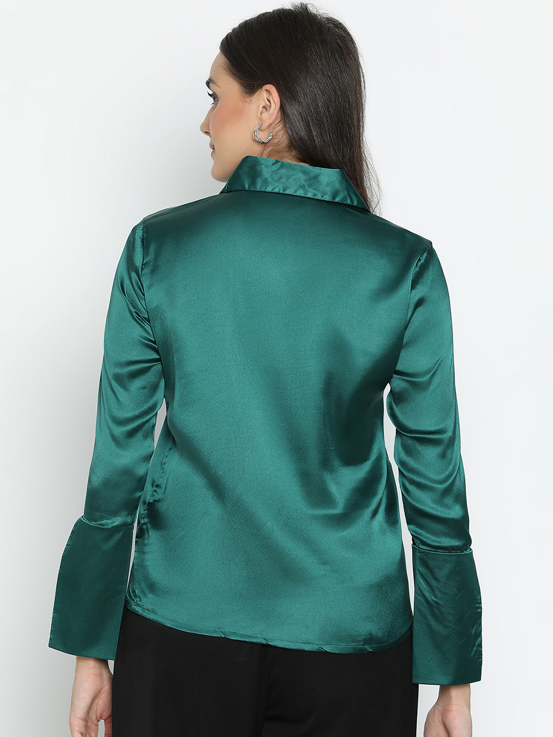 DRAAX FASHIONS Womens Collared Full Sleeves Solid Green Satin Shirt Style Top