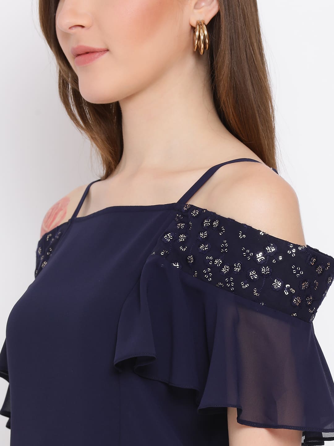 Regular,Blue Top,Regular Top,Off Shoulder Top,Sleeveless Top,Blue Solid Top