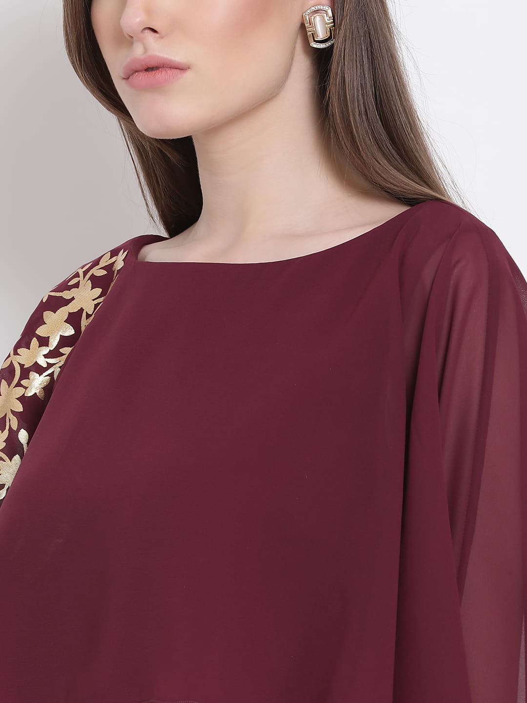 Regular,Maroon Top,Regular Top,Round Neck Top,Quater Sleeves Top,Maroon Embellished Top