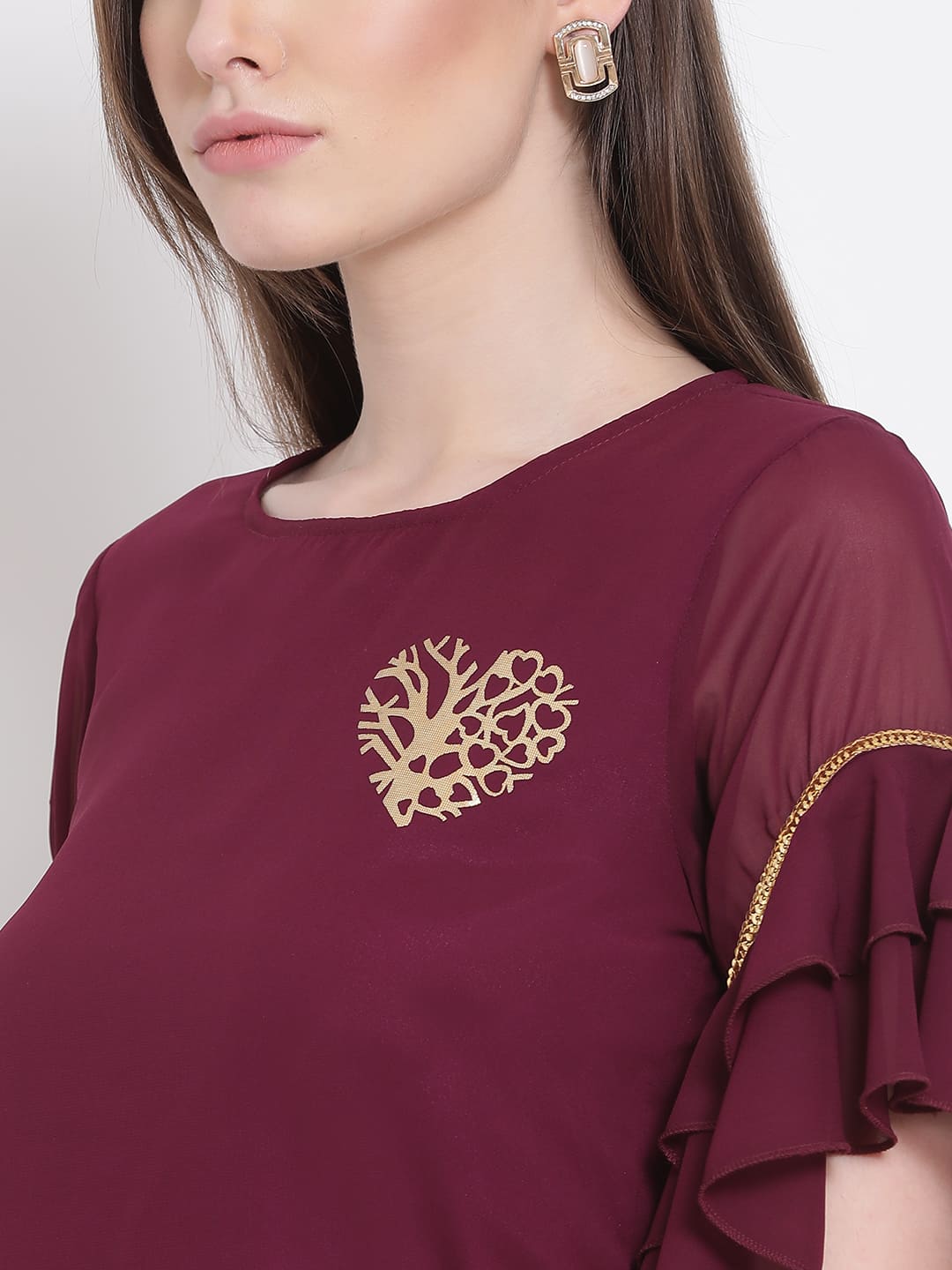 Regular,Maroon Top,Regular Top,Round Neck Top,Quater Sleeves Top,Maroon Embellished Top