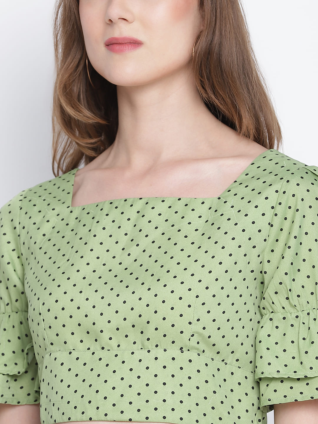 Crop Top,Green Top,Crop Top,Square Neck Top,Short Sleeves Top,Green Polka Dots Top