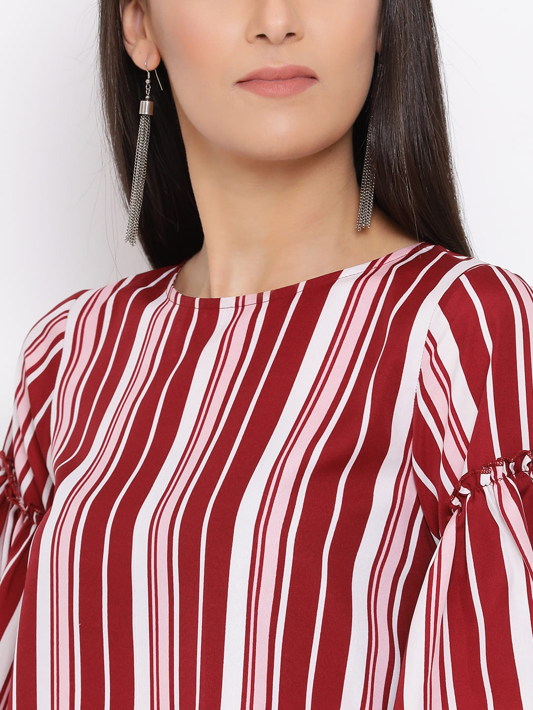 Regular,Red Top,Regular Top,Round Neck Top,Quater Sleeves Top,Red Stripes Top