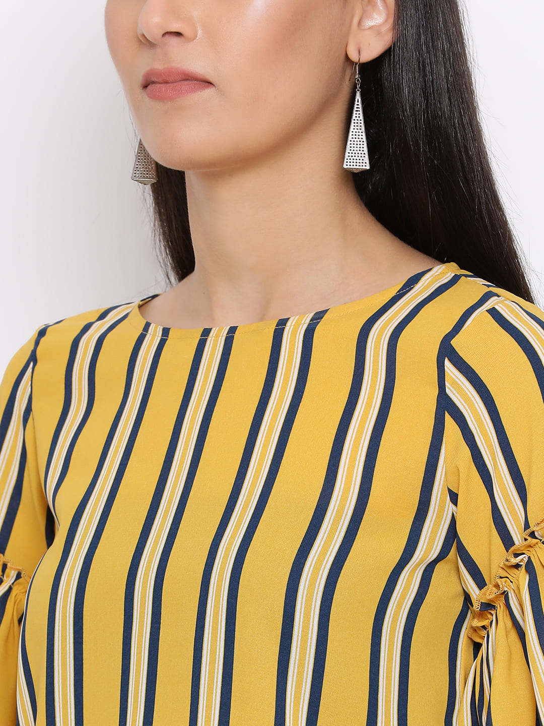 Regular,Yellow Top,Regular Top,Round Neck Top,Quater Sleeves Top,Yellow Stripes Top