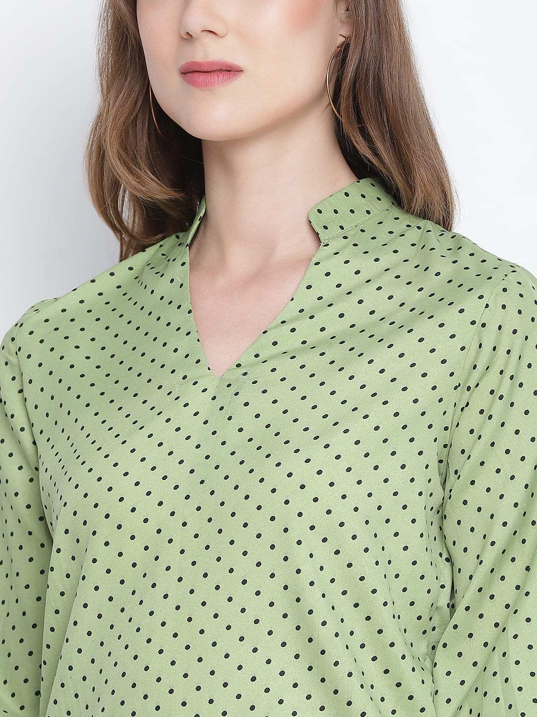 Regular,Green Top,Regular Top,V-Neck Top,Quater Sleeves Top,Green Polka Dots Top