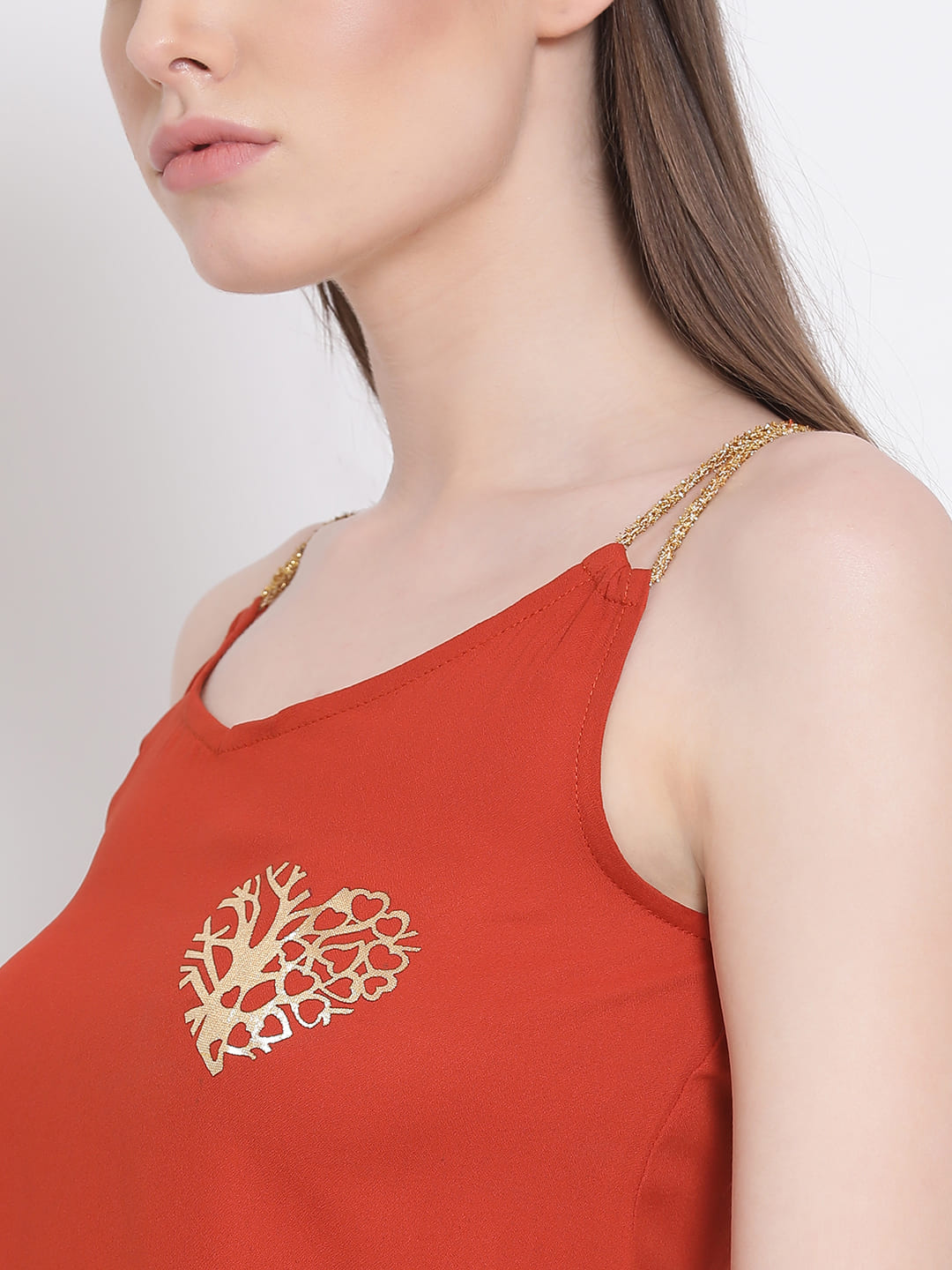 Spaghetti Top,Orange Top,Spaghetti Top,Round Neck Top,Sleeveless Top,Orange Embellished Top